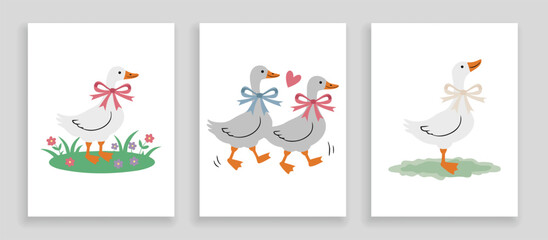 Set of cute cartoon goose posters with ribbons and heart illustrations. © zixu