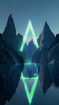 Neon triangle over reflective mountain lake at dusk