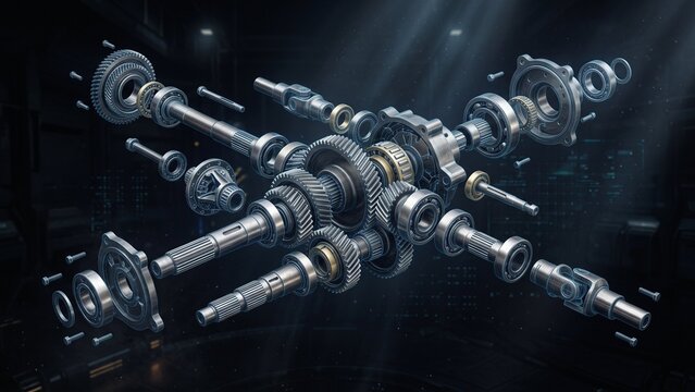 Exploded Mechanical Gear Assembly with Bearings and Transmission Components 3D Technical Illustration