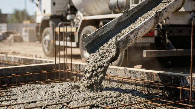 Pouring wet concrete from a mixer truck chute into a steel rebar reinforced foundation formwork at a construction site for a new building.