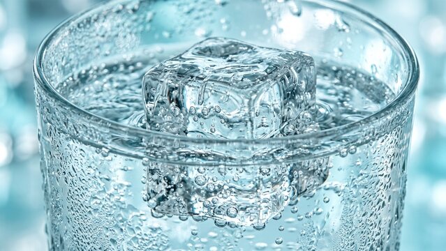 Crystal Clear Ice Cube in Sparkling Water Glass with Bubbles Close Up