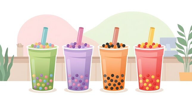 A lineup of four colorful bubble tea cups with boba pearls and wide straws on a counter.