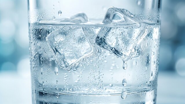 Cold Ice Cubes Floating in Water Glass with Condensation and Bubbles