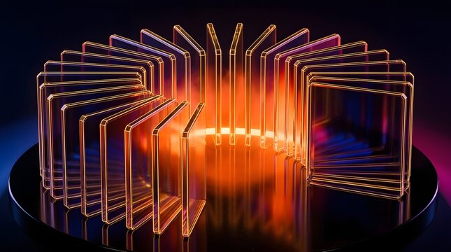 A circular arrangement of transparent square objects glowing with warm orange light, creating a futuristic and abstract pattern