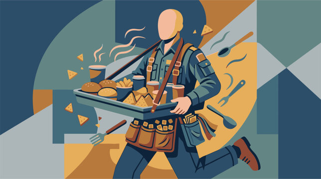 Detailed vector illustration of a concession stand vendor providing food and snack service at an outdoor event or festival, featuring a kiosk design isolated on white background.