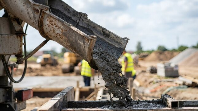 Concrete mixer truck chute pouring wet concrete onto a building foundation at a busy construction site.