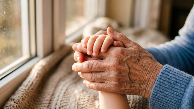 Intergenerational connection and love An elder's gentle hands holding a child's hand by the window, symbolizing warmth and care