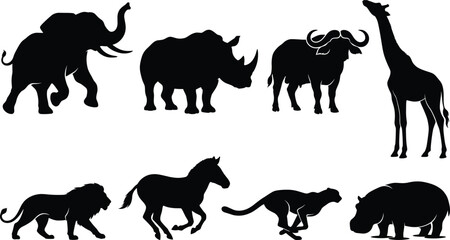 African safari wild animal silhouettes collection featuring elephant, lion, giraffe, rhino, and zebra on white background. © MdRuhul