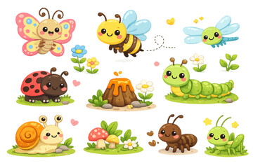 Obraz premium Cute Garden Insects Educational Vector Clipart Set with Butterfly Bee Ladybug Caterpillar Dragonfly Snail Ant Grasshopper Isolated on Transparent Background
