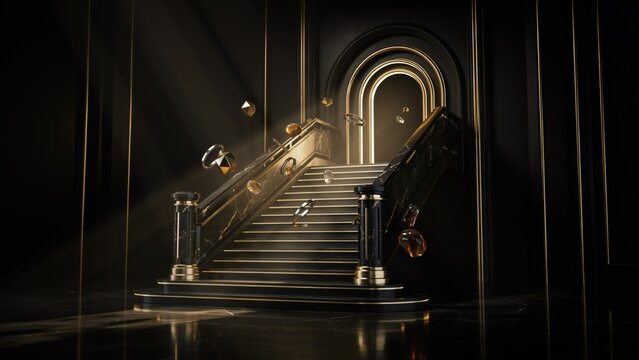 A 3d render of a grand staircase with floating golden objects