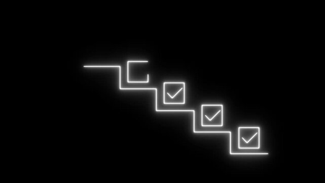 Abstract Glowing Neon Stairs with check marks on each step and a flag at the top. Symbol of progress, achievement, motivation, growth, innovation and business success. 4k video