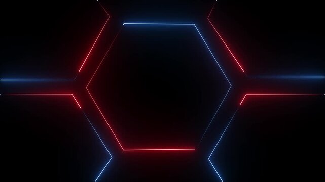 glowing  red and blue neon light hexagon frame animated on black background. Seamless loop. 4K animation video ,, , ,