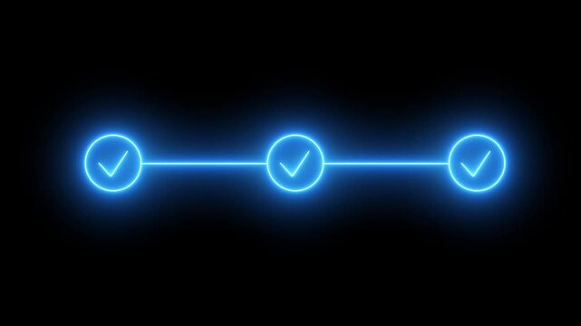 Blue neon light step process success with, check marks. Neon bright step-by-step process and check marks icon animation on black background, 4k video