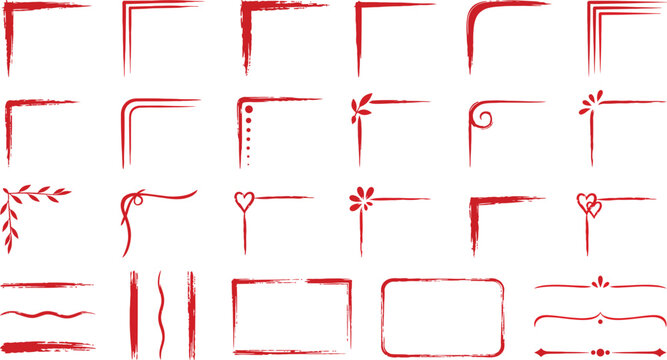 Red hand drawn paint brush corner borders and decorative frame set.