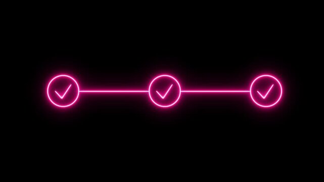 Pink neon light step process success with, check marks. Neon bright step-by-step process and check marks icon animation on black background, 4k video