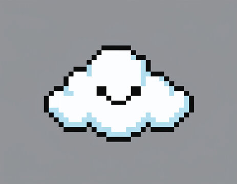 Cute pixel art illustration of a smiling white cloud mascot in a retro 8-bit gaming style on a grey background for digital art and graphic design projects