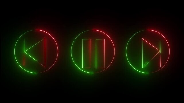 Glowing neon sounds play, next and previous arrow button symbols icon. Musical arrow button symbol. neon arrow sign.4k animation video,,,,