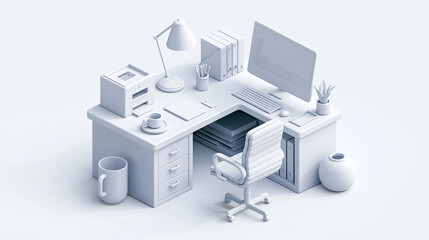 Fototapeta premium Minimalist White Office Desk Isometric 3D Rendering, Workplace Concept
