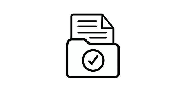 Minimal line animation of folder icon with documents and check mark on white background footage. 4k video