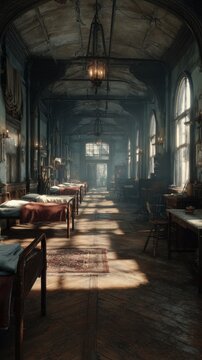 Dimly lit abandoned dormitory hallway with unmade beds and dusty sunlight streaming through arched windows