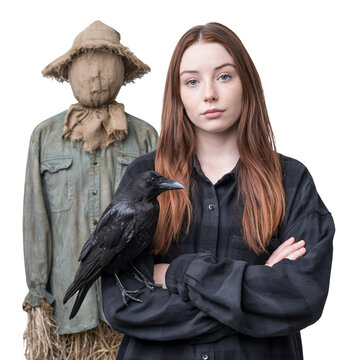Serious Redhead Woman with Black Raven and Scarecrow isolated on transparent or white background, png