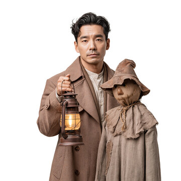 Serious Asian Man in Trench Coat Holding Vintage Lantern Next to Scarecrow isolated on transparent or white background, png