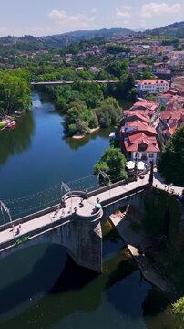 Aerial View of Sao Goncalo Bridge with River, Amarante, Portugal