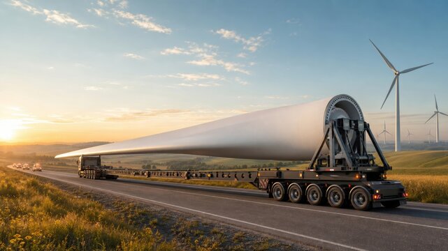 Transporting a large wind turbine blade on a highway during sunset near wind farms