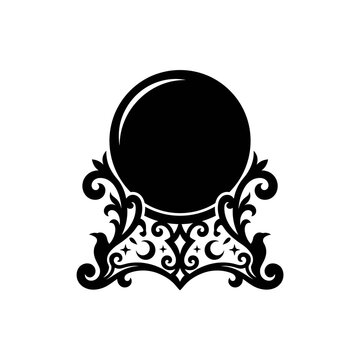 Halloween, Mystical crystal ball on ornate filigree stand, magic fortune telling sphere vector, black celestial occult symbol with moon and stars isolated on White Background