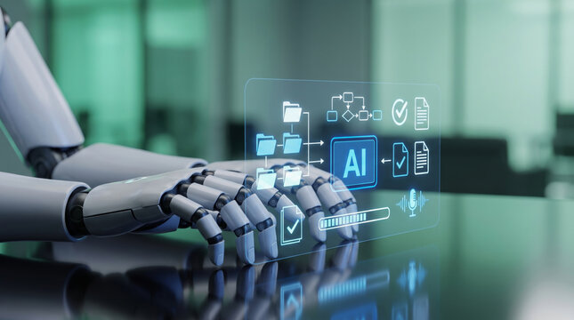 Agent workflow automation ai concept robot hand manage digital data flow. Smart agentic intelligence system. management analysis dashboard, process flowchart node