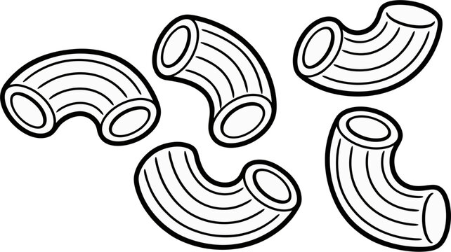 Uncooked Elbow Macaroni Pasta Line Art Vector Illustration, Black and White Outline Coloring Page