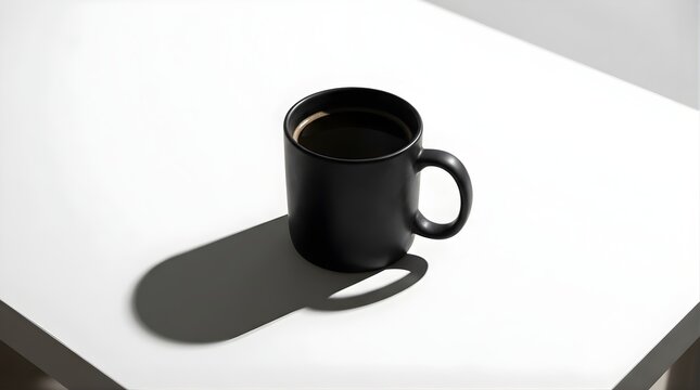 A black coffee mug on a white desk with hard shadows in morning light