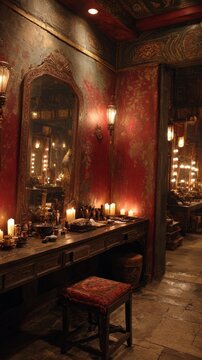 Dimly lit dressing room with antique mirror, vanity table, and candles, suggesting a vintage or theatrical setting