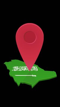 Travel destination, geolocation navigation, and Saudi logistics concept represented by a bouncing map pin on Saudi Arabia map. Chroma key green screen with alpha channel. (loopable)
