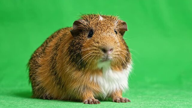 Fluffy guinea pig sitting on a green screen background twitching its nose in a seamless loop animation