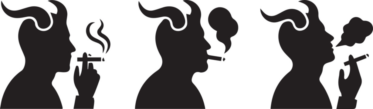 Smoking man with horns vector silhouette icons set