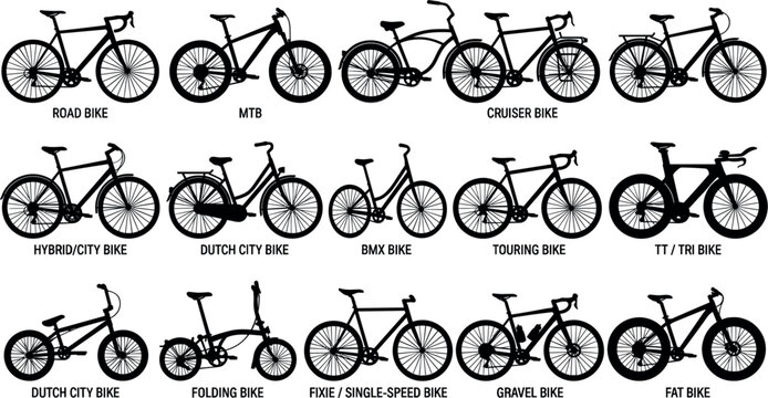 Bicycle Type Black Silhouette Icon Set Featuring Road Mountain Cruiser Hybrid Dutch City BMX Touring Triathlon Folding Gravel and Fat Bikes