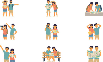 Fototapeta premium Happy Tourist Couple Character Vector Illustration Set with Various Poses Traveling Sightseeing Reading Maps Taking Photos and Exploring Cities