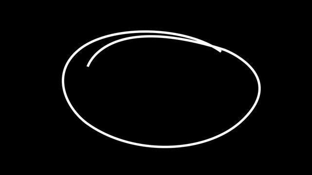 Hand drawn circle transition on black background animation, Hand Drawn Scribble Circle animation. White oval being hand-drawn on black background. Animation of a gradually appearing hand drawn frame. 