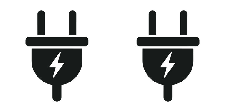Electrical plugs silhouette icons featuring power plug, electric connector, socket, cable, charging, and black symbol designs in vector illustration.