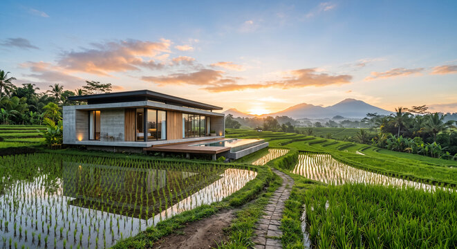 Modern luxury house surrounded by lush green rice fields at sunset with mountain landscape