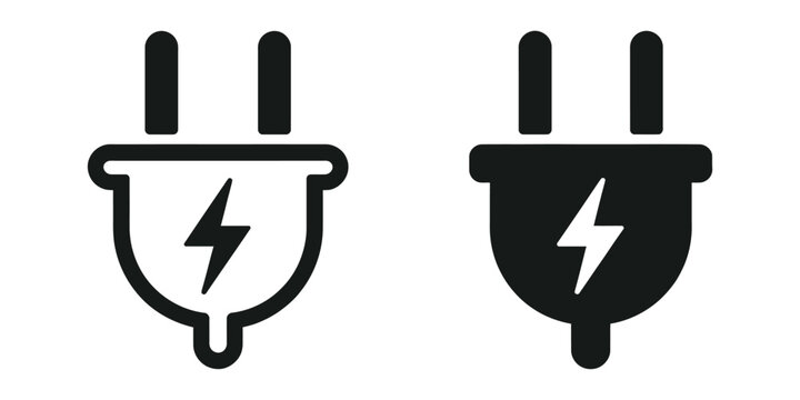 Electrical plugs silhouette icons featuring power plug, electric connector, socket, cable, charging, and black symbol designs in vector illustration.