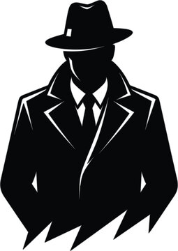 Mysterious secret agent silhouette wearing fedora hat and trench coat for detective noir spy investigations logo vector