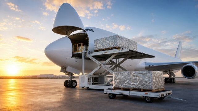 Cargo is loaded into a large airplane at an airport during sunset hours