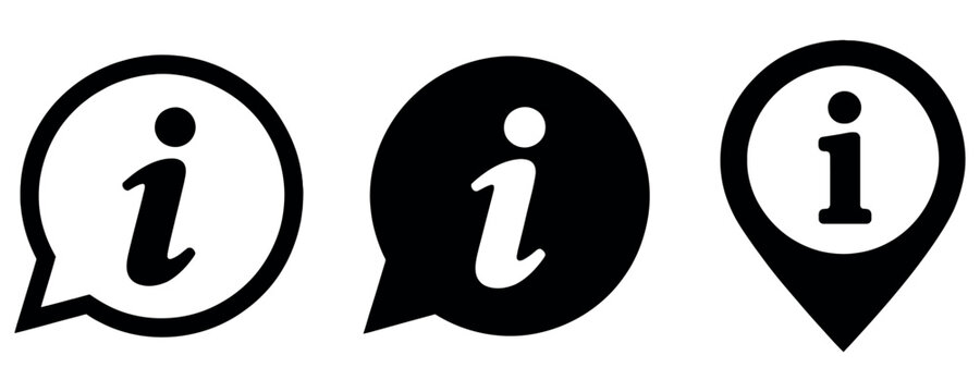 Set of black and white information icons featuring speech bubbles and a location map pin marker.