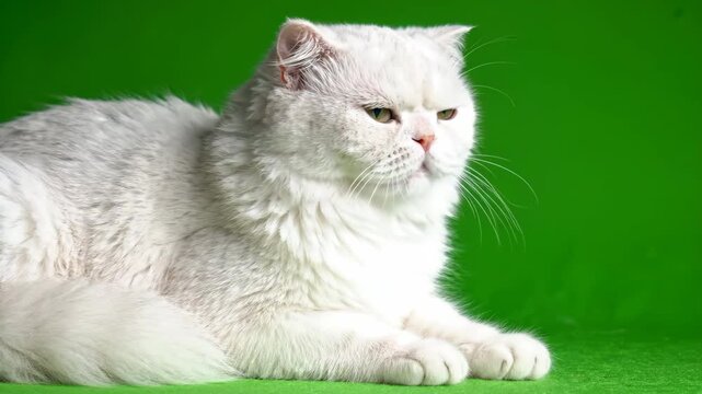 Fluffy white Persian cat sitting on a bright green background looking around and blinking its eyes while grooming its long fur