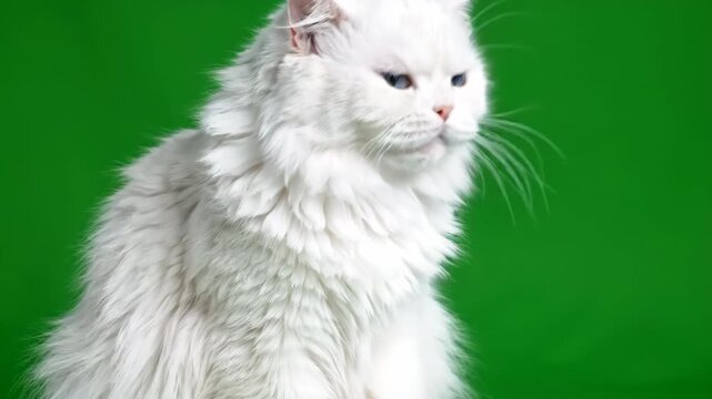 Fluffy white Persian cat sitting on a bright green background looking around and licking its paw while grooming its long fur