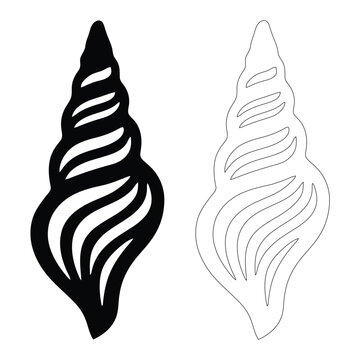 Two different artistic representations of a spiral seashell shown in solid black and outline forms