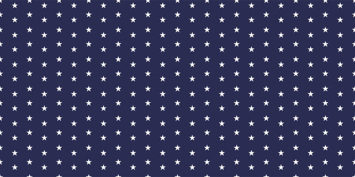 Small white stars seamless pattern on dark navy blue background with minimalist geometric repeat, classic celestial surface design