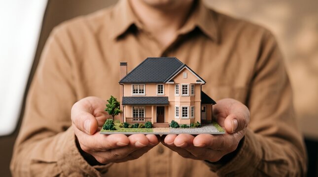 Real estate agent holding miniature house model, property investment and mortgage concept, man presenting small residential home for sale or rent